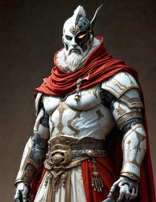 The primary subject of the image is a man dressed in a white and red costume, wearing a cape and a mask. The setting appears to be a dark room, with the man standing in the center of the frame. The visual style of the image is digital art, as it is a detailed and intricate illustration of the man. The colors in the image are predominantly white and red, giving the scene a bold and striking appearance.